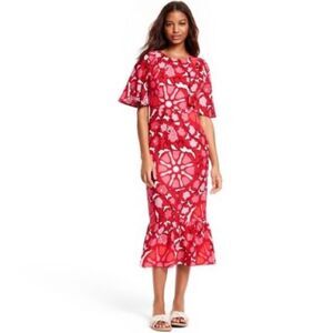 Rhode x Target Midi Dress Red Zinnia Print Boho Bell Sleeve Ruffle Casual Size 8